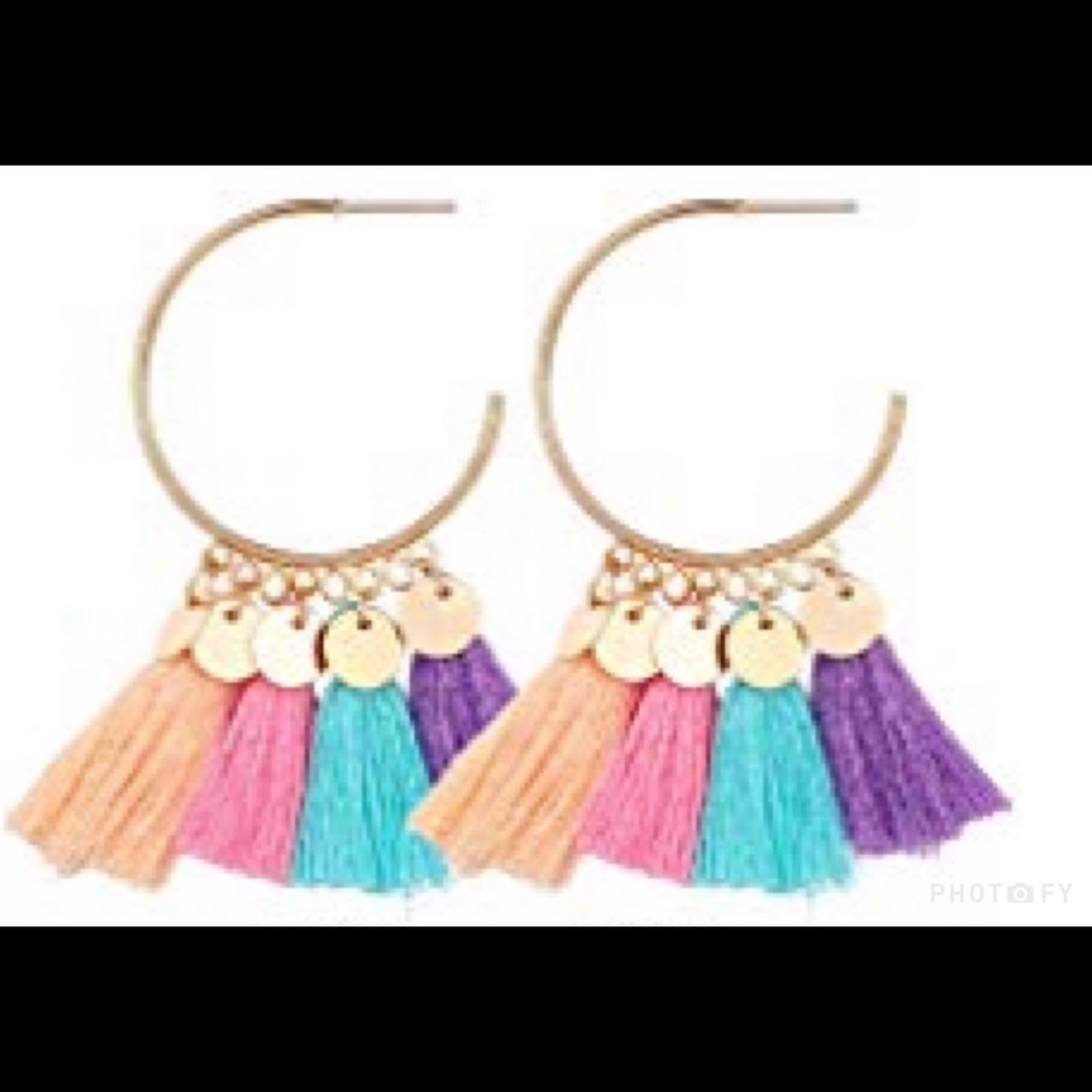 Gold hoops with multi color tassels